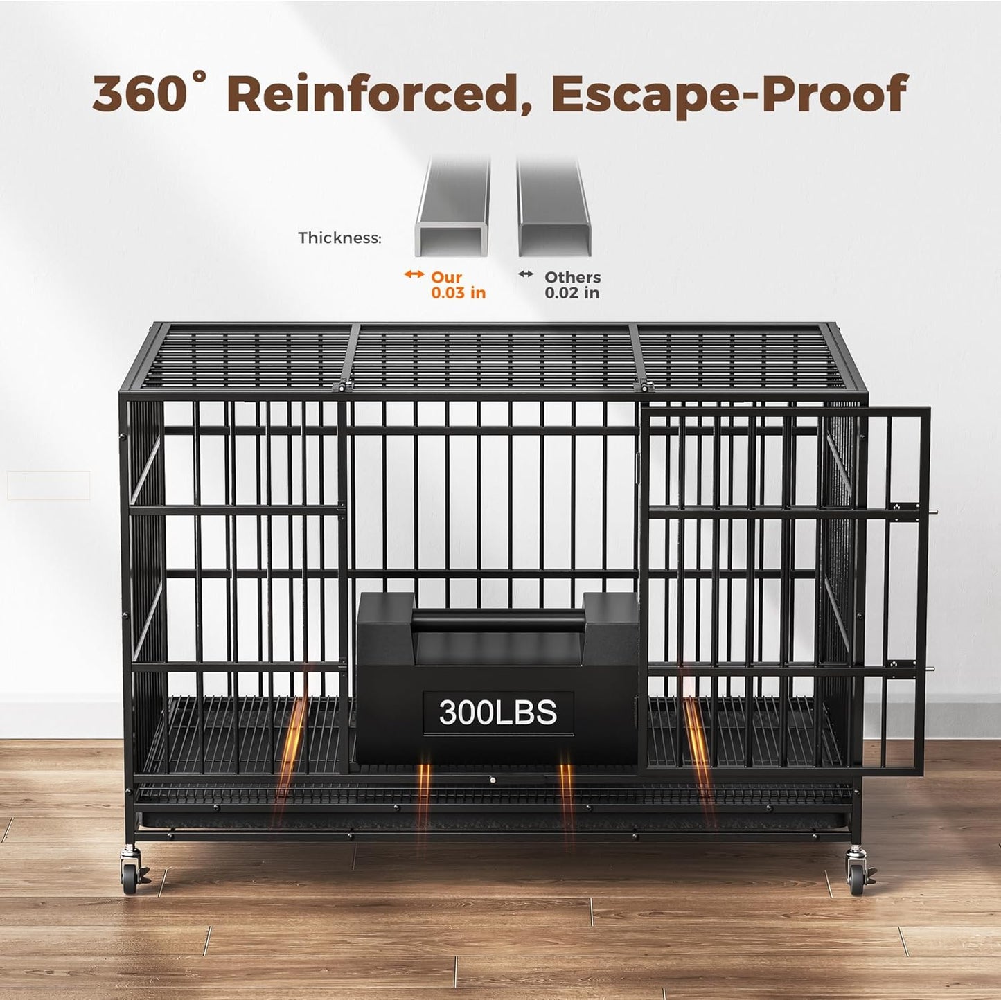 48" Heavy Duty Dog Crates for Large Dogs, Upgraded 4 Lockable Wheels, Removable Door, Dog Kennel Indoor, Max Load 300Lbs, Easy to Clean, Removable Tray, XL Dog Cage for Large and Medium Dogs
