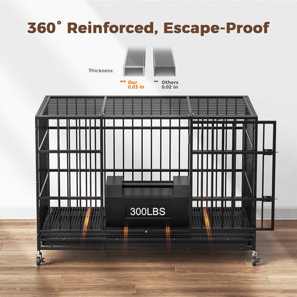 48" Heavy Duty Dog Crates for Large Dogs, Upgraded 4 Lockable Wheels, Removable Door, Dog Kennel Indoor, Max Load 300Lbs, Easy to Clean, Removable Tray, XL Dog Cage for Large and Medium Dogs