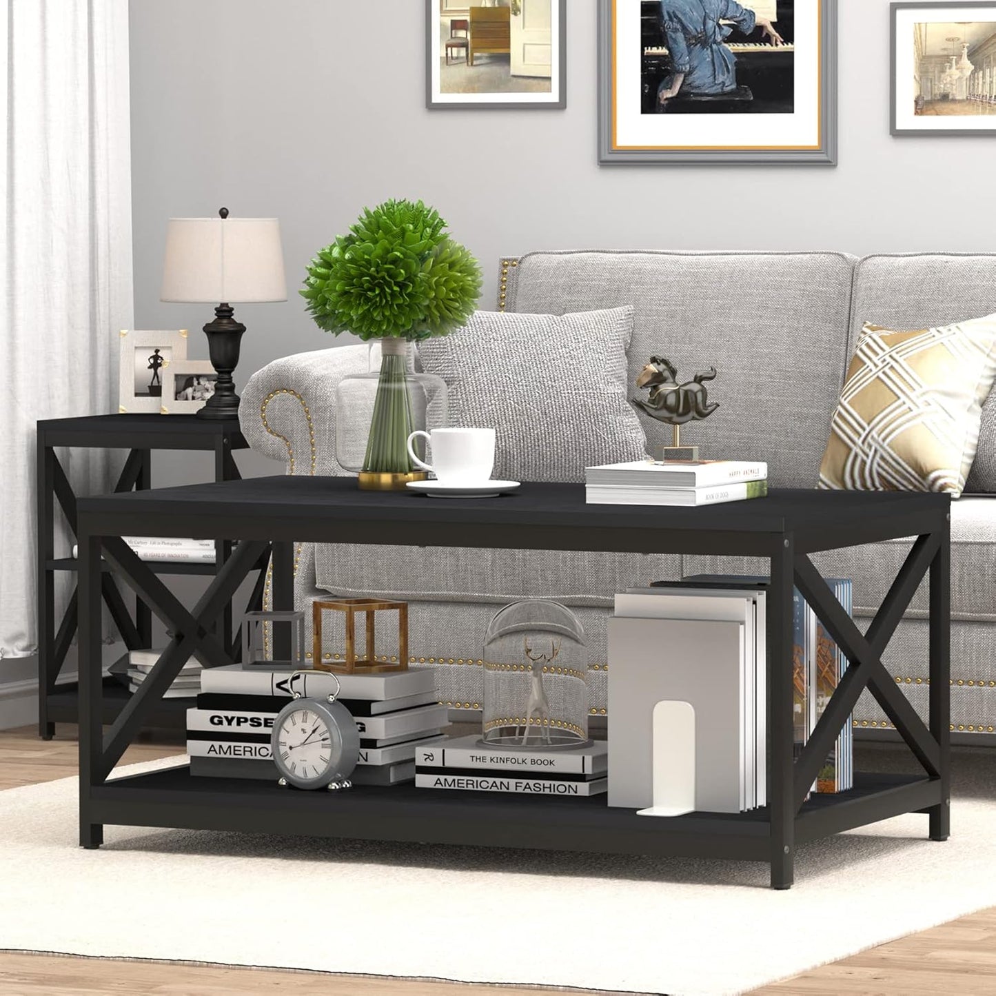 Living Room Coffee Table Set of 3, Industrial X-Design Coffee Table and 2 End Side Tables, 3 Piece Living Room Table Set with Large Storage for Apartment Home (Black)