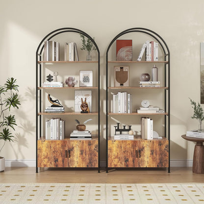 Arched Bookshelf with Doors, 71" Tall Industrial Bookcase with Sturdy Metal Frame, Vintage Display Shelving Unit, Rustic Geometric Book Shelf for Lving Room, Bedroom, Home Office