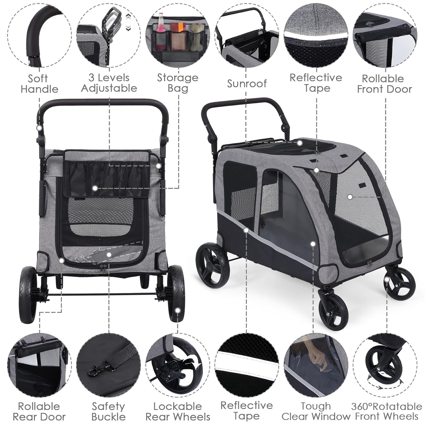 Dog Stroller For Large Dogs, Extra Large Pet Stroller For For Medium Dogs, Dog Stroller For 2 Dogs, Dog Wagon, Dog Carriage, Foldable Design, Adjustable Handle, With Pocket, Up To 160 lbs, Red