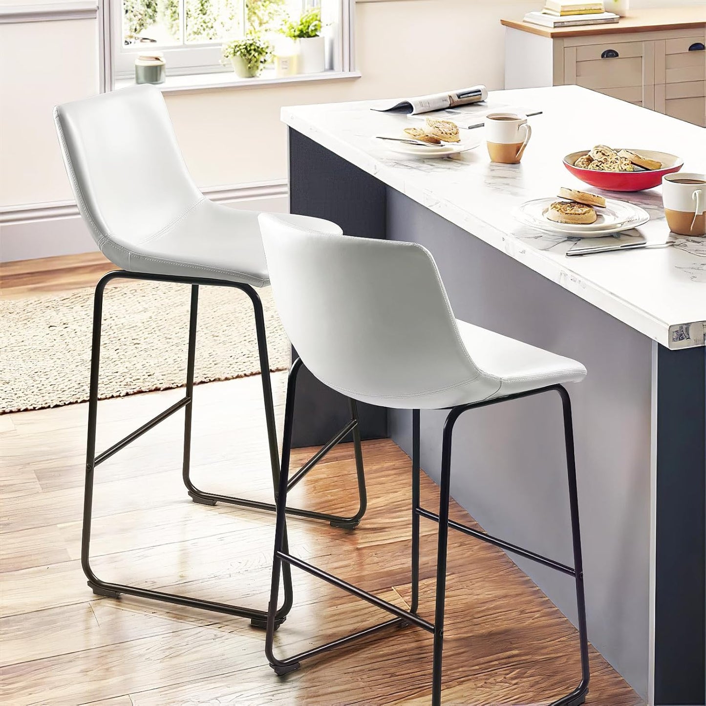 Counter Height Bar Stools Set of 2,Barstools with Back,Faux Leather Counter Stools for Kitchen Island,Modern Bar Chairs with Metal Legs(White, 26")