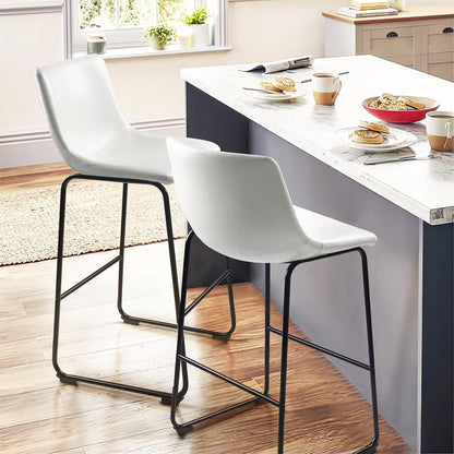 Counter Height Bar Stools Set of 2,Barstools with Back,Faux Leather Counter Stools for Kitchen Island,Modern Bar Chairs with Metal Legs(White, 26")