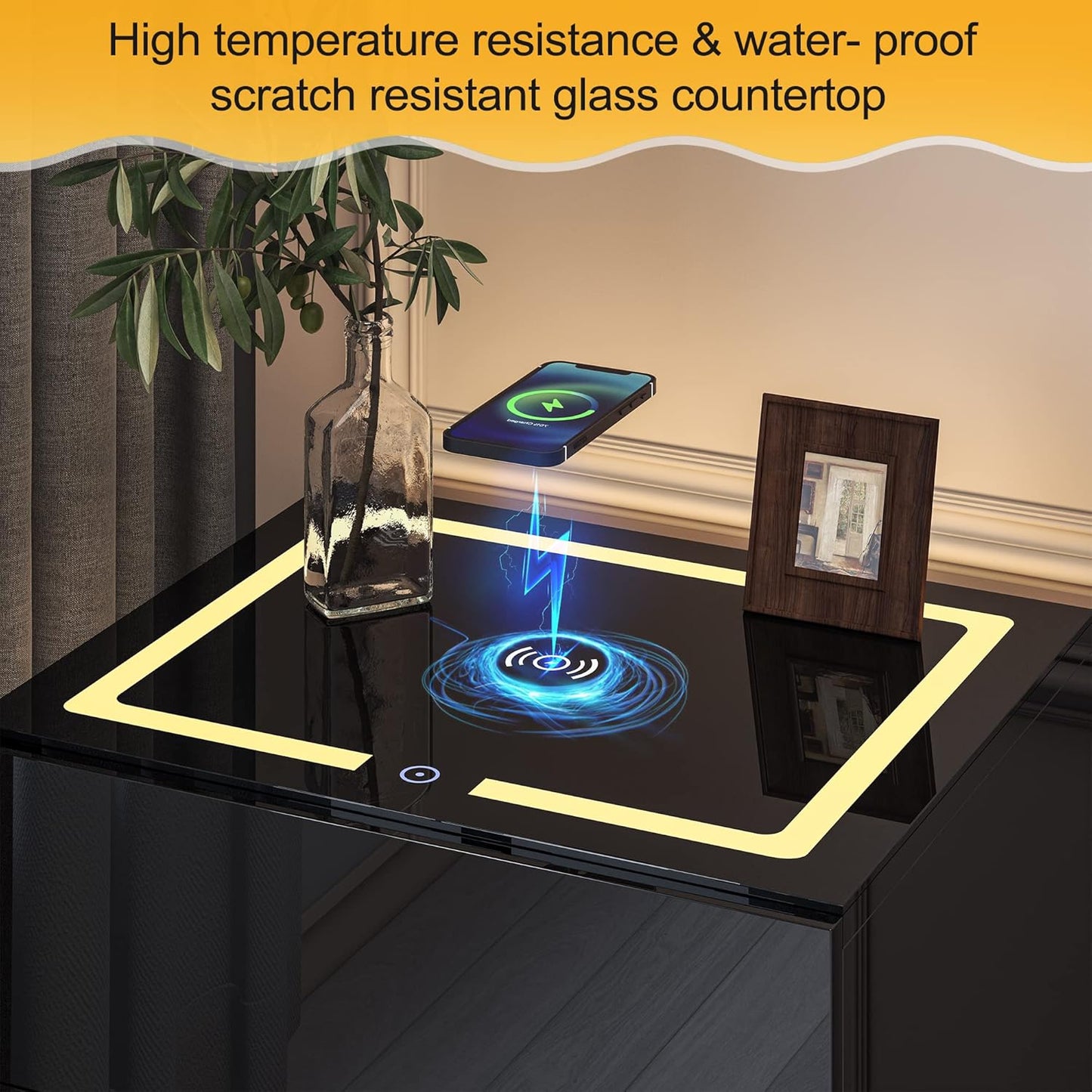 Black Smart Nightstand with Wireless Charging Station & USB Charging, High Gloss Smart Bedside Table with Adjustable LED Lights, End Table Organizer for Bedroom Living Room Office Use