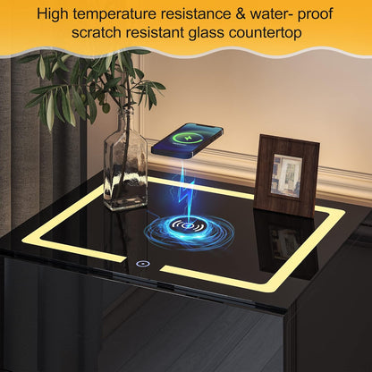 Black Smart Nightstand with Wireless Charging Station & USB Charging, High Gloss Smart Bedside Table with Adjustable LED Lights, End Table Organizer for Bedroom Living Room Office Use