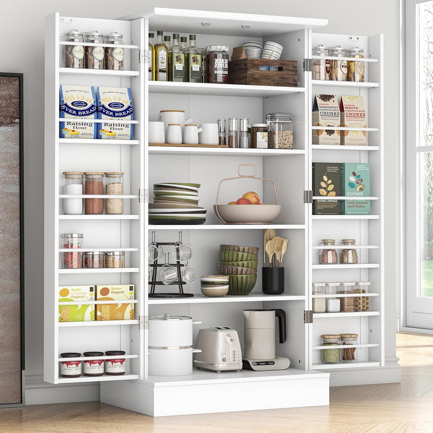 Kitchen Pantry Cabinet, Pantry Storage Cabinet with Adjustable Shelves and Drawer, Sideboard Buffet Cupboards Storage Shelf for Home Office Use (White, 16" D x 24" W x 47" H)
