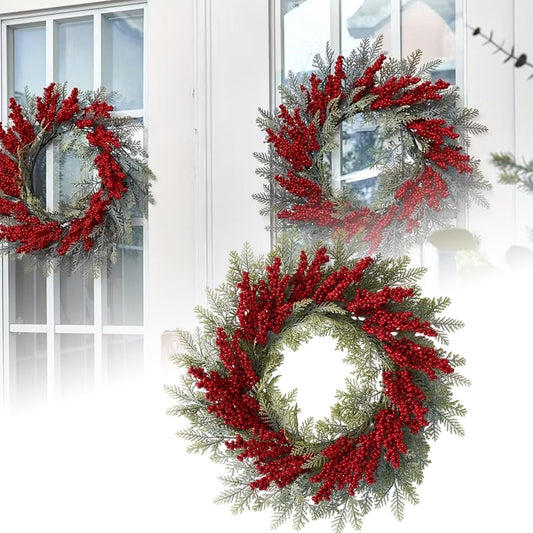 20 Inch Christmas Wreaths for Front Door, Artificial Winter Wreath with Red Berries & Fir Pine, Farmhouse Holiday Decor for Window Porch Wall, All-Season Indoor/Outdoor Christmas Decoration (20‘’)