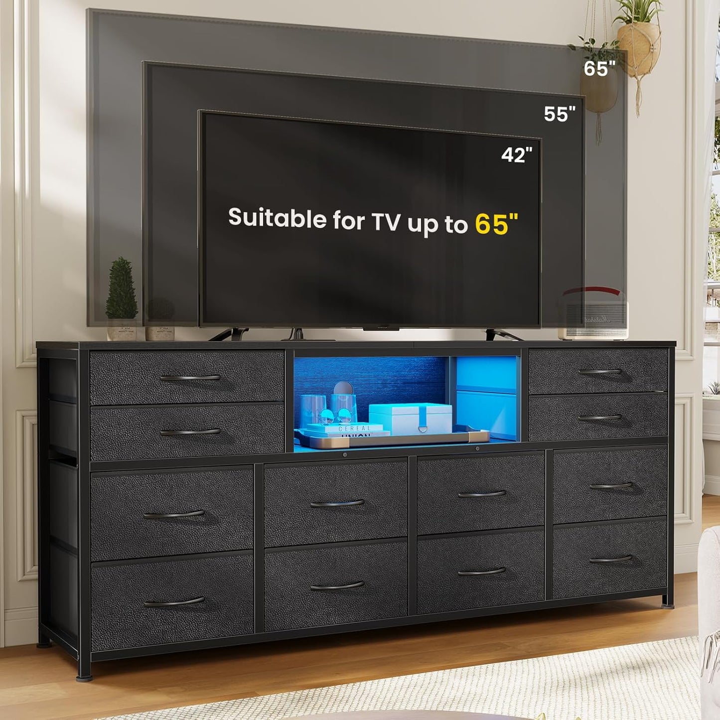 LED TV Stand Dresser for Bedroom with Power Outlets, 55 inch Entertainment Center with 12 Drawers, Media Console Table for 32/45/55/65 inch TVs, Chest of Drawers for Bedroom, PU Black