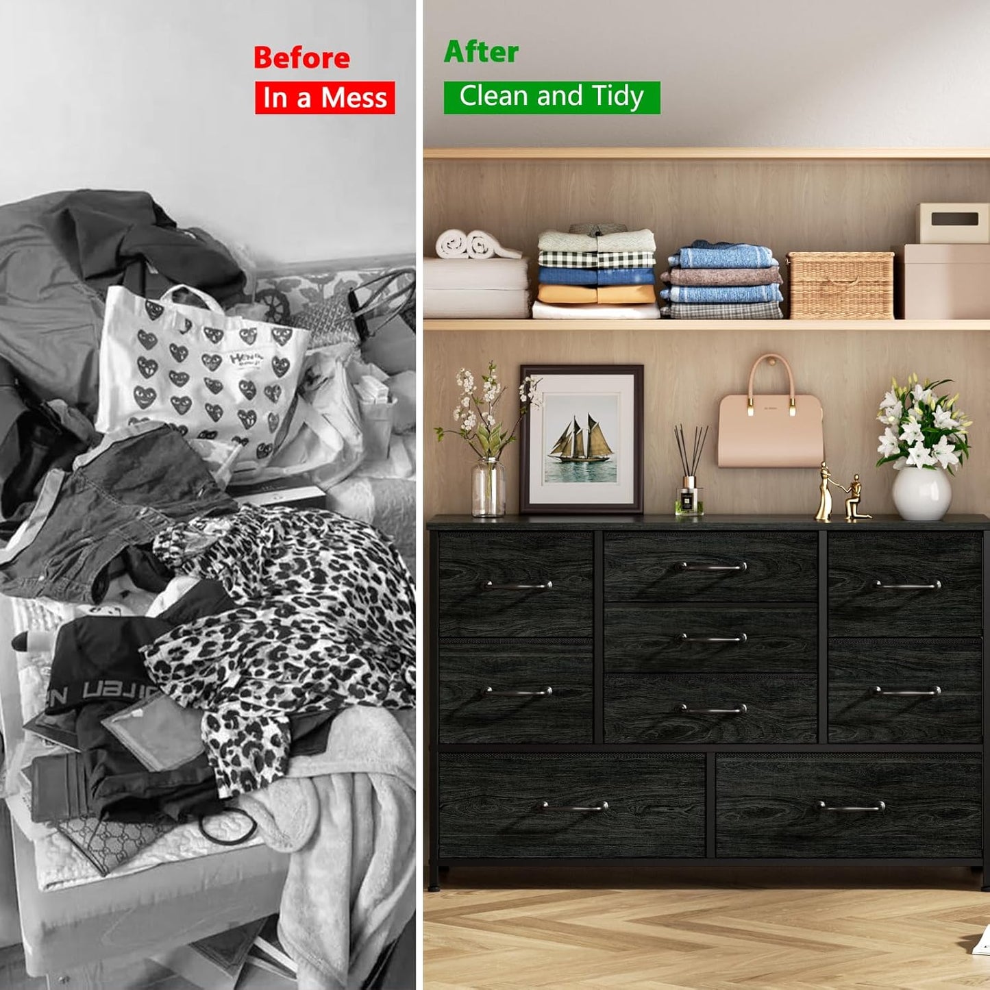 Black Bedroom Dresser for 55" Long TV Stand, 9-Drawer Bedroom Storage Cabinet