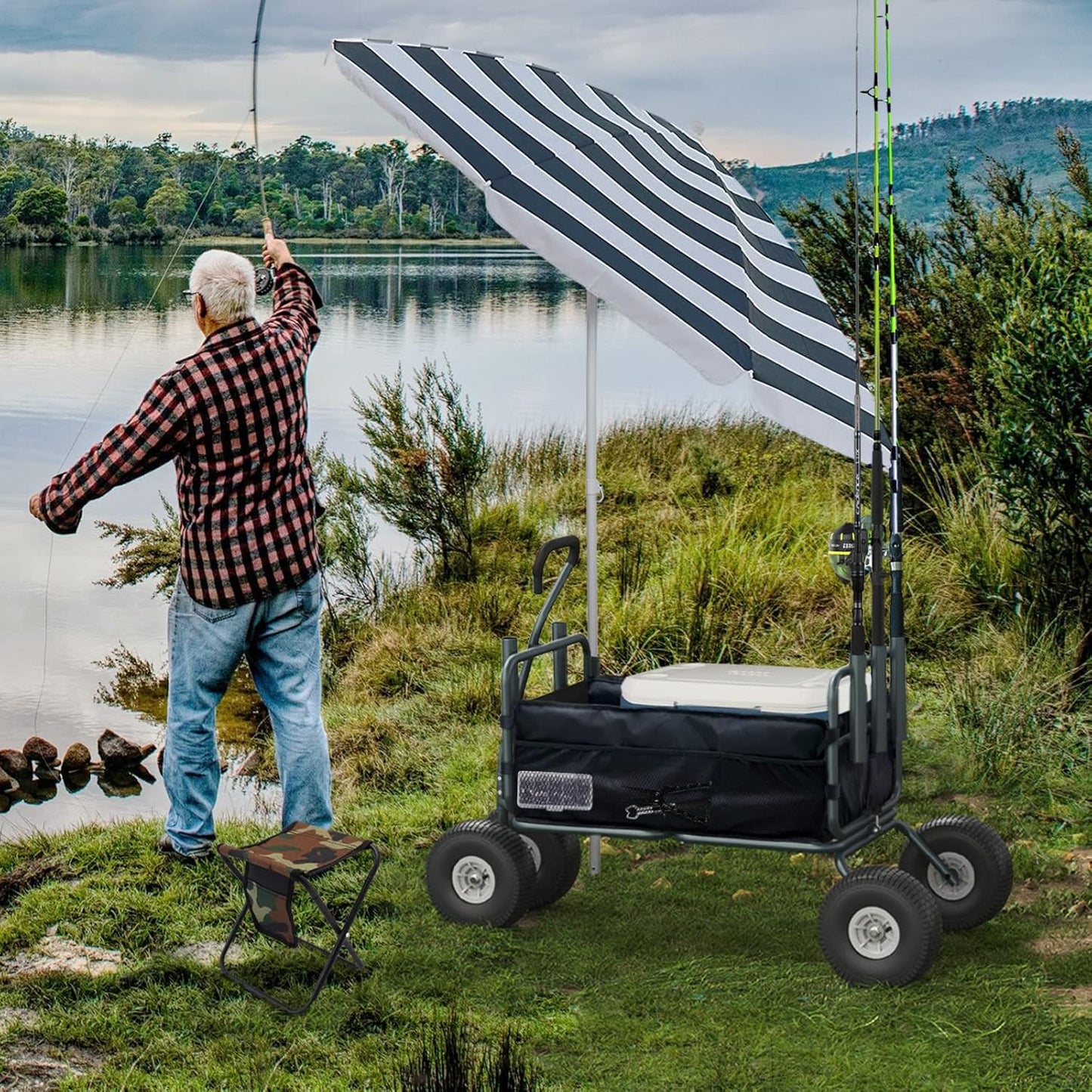 Fishing Cart Beach Carts Heavy Duty Foldable Collapsible Wagon with Big Wheels and Rod Holders 550 Pound Capacity 53.9"x26.4"x38.8"