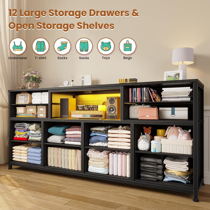 LED TV Stand Dresser for Bedroom with Power Outlets, 55 inch Entertainment Center with 12 Drawers, Media Console Table for 32/45/55/65 inch TVs, Chest of Drawers for Bedroom, PU Black
