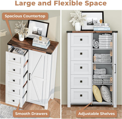 Farmhouse Dresser Storage Cabinet Chest of Drawer for Bedroom, 5 Drawer Dresser with Barn Door, 48 Inch Tall White Wood Dresser, Adjustable Shelves, Rustic, for Living Room, Entryway, Hallway