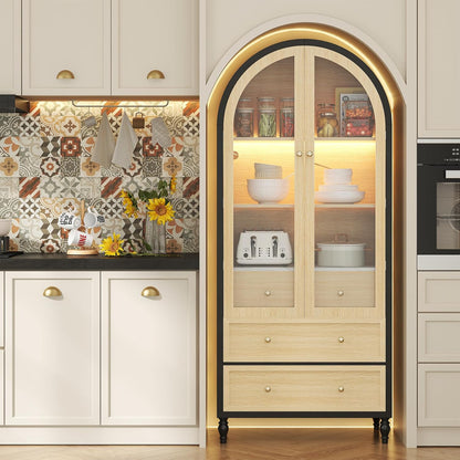 73 Inch Tall Arched Cabinet with Doors, Arched Storage Cabinet, Black-Oak Kitchen Pantry, LED Lighted Display Case, Boho Arch Bookshelf for Kitchen Dining Room Living Room, Black