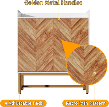 29 Gallon Fish Tank Stand, Small Aquarium Stand 20 Gallon with Doors & Adjustable Shelves, Boho Sideboard Coffee Bar Cart, Kitchen Cupboard Console Table, 30.5" L×15.7" W×35" H, White/Gold