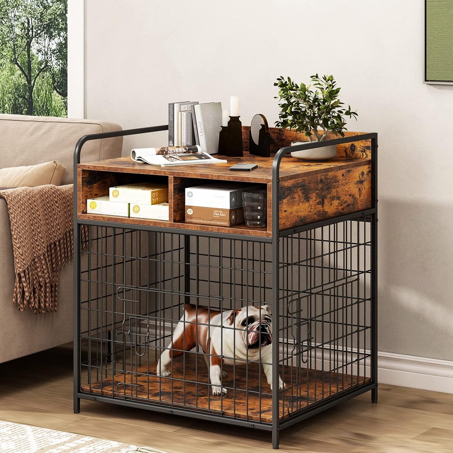 Small Dog Crate Furniture, Puppy Dog Kennel Indoor, Wood Dog Cage Table with Drawers Storage, Heavy Duty Dog Crate, Jaula para Perros, Sturdy Metal, 27.6" L×20.5" W×31.9" H