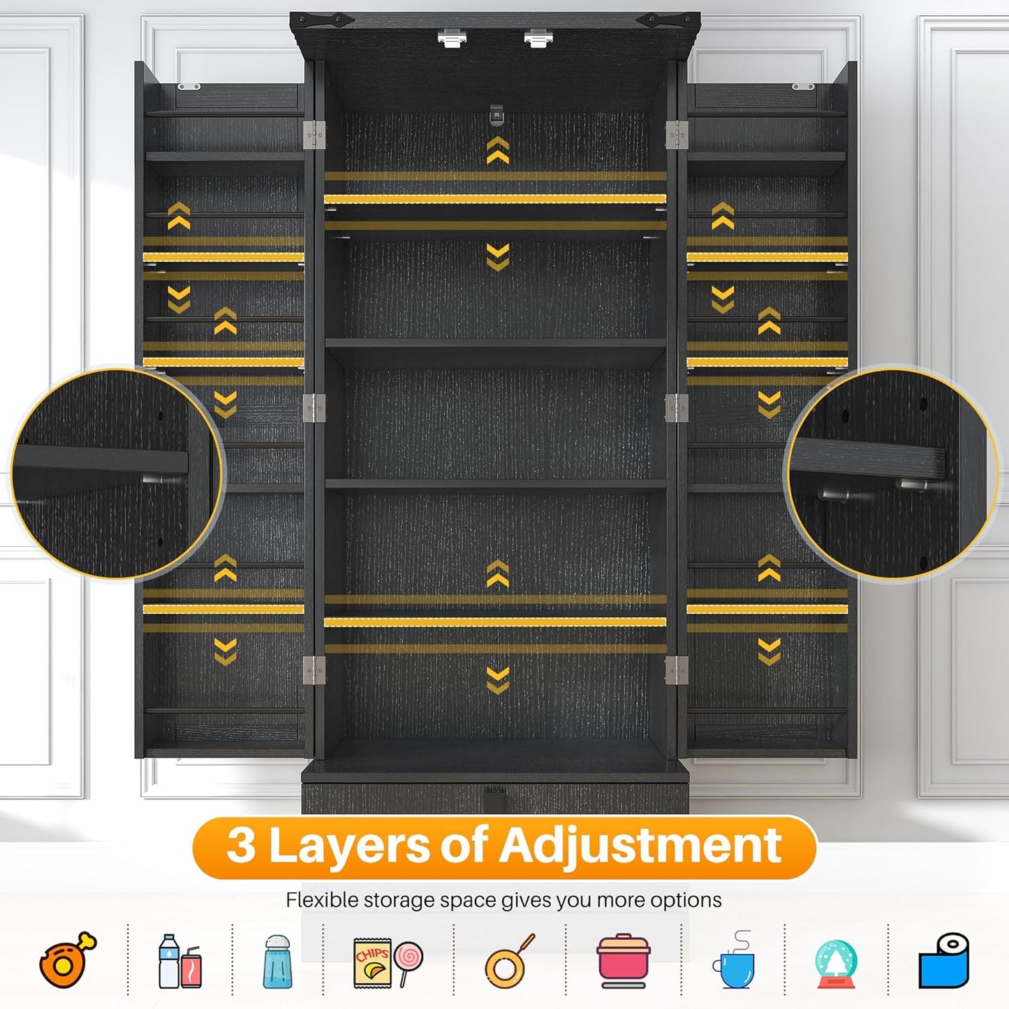Pantry Cabinet with Adjustable Shelves and Drawer, Kitchen Cabinet Buffet Cupboards Storage for Home Office