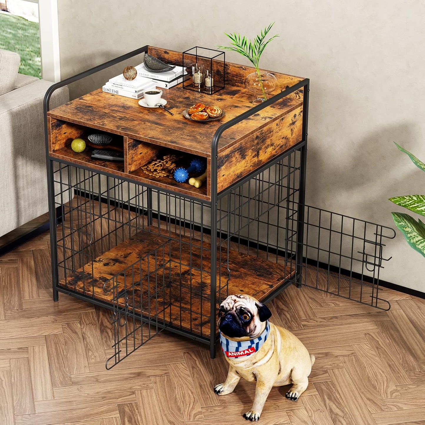 Small Dog Crate Furniture, Puppy Dog Kennel Indoor, Wood Dog Cage Table with Drawers Storage, Heavy Duty Dog Crate, Jaula para Perros, Sturdy Metal, 27.6" L×20.5" W×31.9" H
