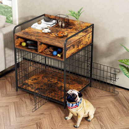 Small Dog Crate Furniture, Puppy Dog Kennel Indoor, Wood Dog Cage Table with Drawers Storage, Heavy Duty Dog Crate, Jaula para Perros, Sturdy Metal, 27.6" L×20.5" W×31.9" H