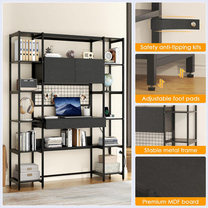 5 Tiers Black Bookshelf with Home Office Desk and RGB Lights and Power Outlet, 71.1" Tall Book Shelf with Drawer & Storage Cabinet & 12 Storage Shelves, Large Bookcase with 2 Doors, Black