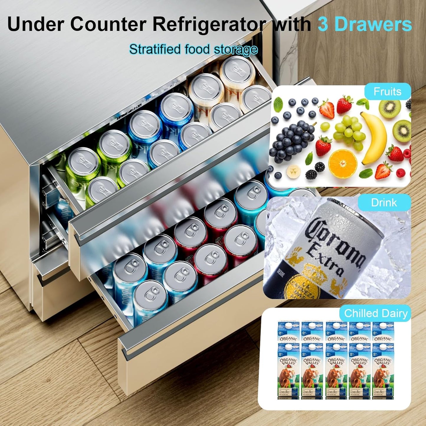 3-Drawer Stainless Steel Outdoor Under Counter Beverage Refrigerator Fridge