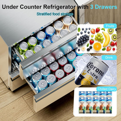 3-Drawer Stainless Steel Outdoor Under Counter Beverage Refrigerator Fridge