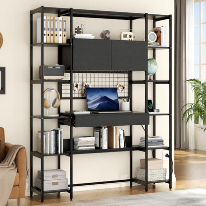 5 Tiers Black Bookshelf with Home Office Desk and RGB Lights and Power Outlet, 71.1" Tall Book Shelf with Drawer & Storage Cabinet & 12 Storage Shelves, Large Bookcase with 2 Doors, Black