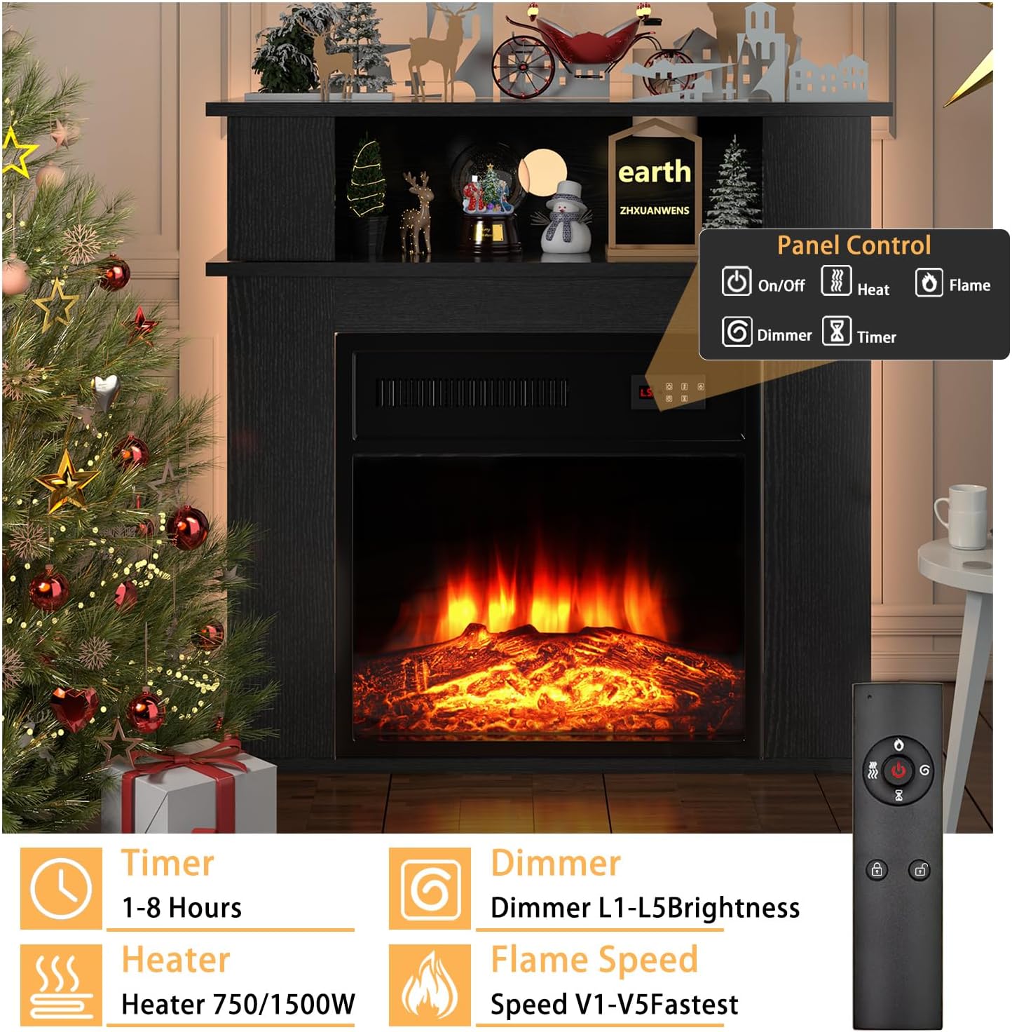 28" Electric Fireplace with Mantel, Small Fireplace tv Stand with 18" Fireplace Insert, 3D Realistic Flame, Portable Freestanding Fireplace with a Shelf for Living Room, Remote Control, Black