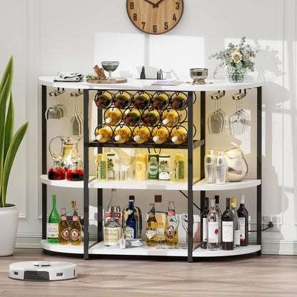 Wine Bar Cabinet for Liquor Bar Table Bar Cabinet with Lights and Outlet 4-Tier Storage Freestanding Wine Racks with Glass Holder Mini Bars for Home, Bar