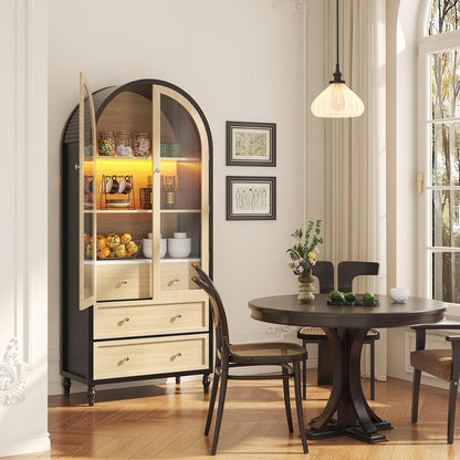 73 Inch Tall Arched Cabinet with Doors, Arched Storage Cabinet, Black-Oak Kitchen Pantry, LED Lighted Display Case, Boho Arch Bookshelf for Kitchen Dining Room Living Room, Black