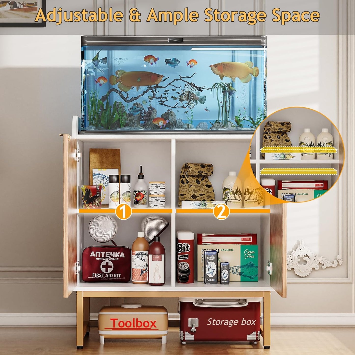 29 Gallon Fish Tank Stand, Small Aquarium Stand 20 Gallon with Doors & Adjustable Shelves, Boho Sideboard Coffee Bar Cart, Kitchen Cupboard Console Table, 30.5" L×15.7" W×35" H, White/Gold