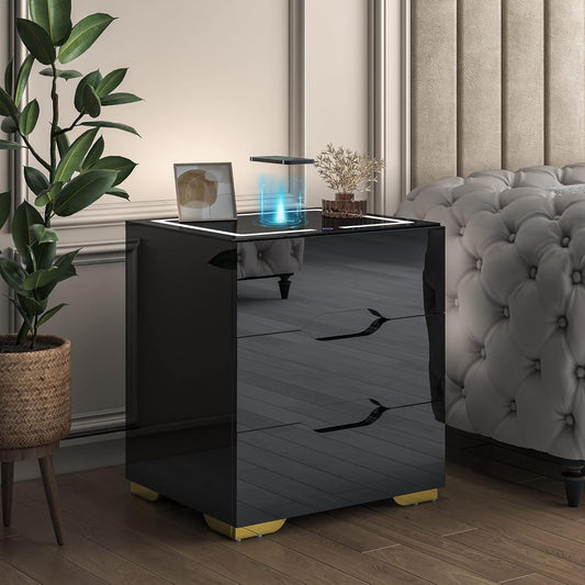 Black Smart Nightstand with Wireless Charging Station & USB Charging, High Gloss Smart Bedside Table with Adjustable LED Lights, End Table Organizer for Bedroom Living Room Office Use