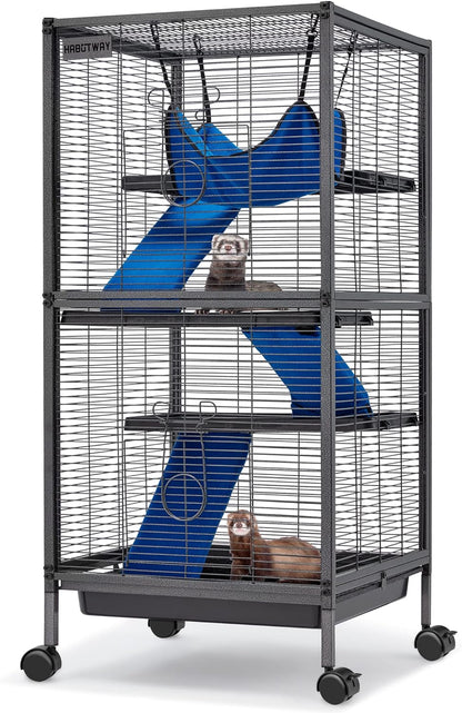 45''H Metal Small Animal Cages, Rolling Chinchilla Cage with Removable Ramps, Lagre Critter Nation Cage for Chinchillas/Guinea Pigs/Rabbit, Ferret Cages with Hammock & 4 Tiers, Black