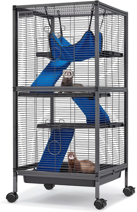 45''H Metal Small Animal Cages, Rolling Chinchilla Cage with Removable Ramps, Lagre Critter Nation Cage for Chinchillas/Guinea Pigs/Rabbit, Ferret Cages with Hammock & 4 Tiers, Black