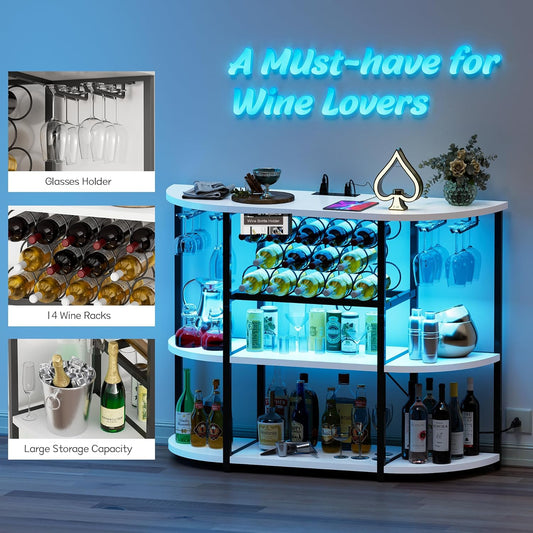 Wine Bar Cabinet for Liquor Bar Table Bar Cabinet with Lights and Outlet 4-Tier Storage Freestanding Wine Racks with Glass Holder Mini Bars for Home, Bar