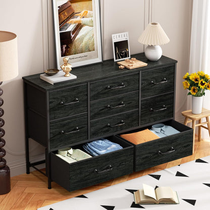 Black Bedroom Dresser for 55" Long TV Stand, 9-Drawer Bedroom Storage Cabinet