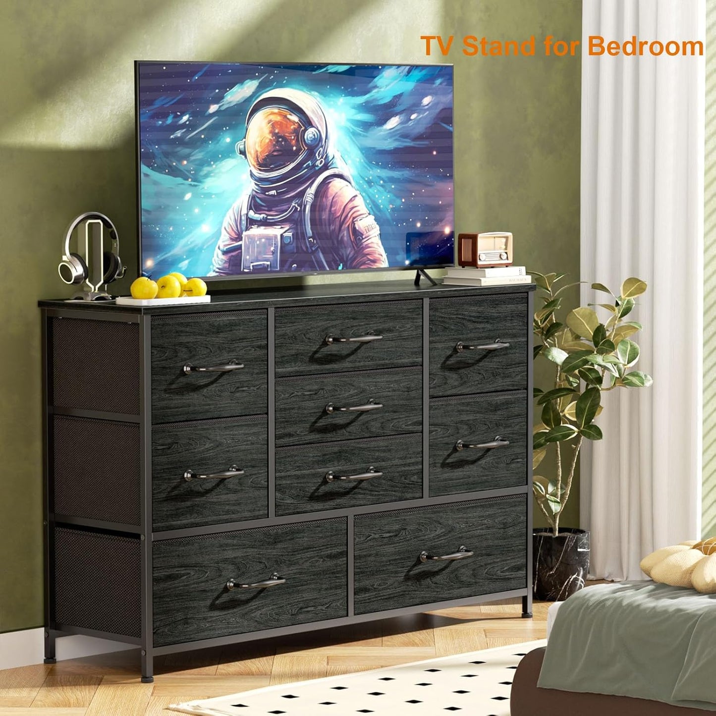 Black Bedroom Dresser for 55" Long TV Stand, 9-Drawer Bedroom Storage Cabinet