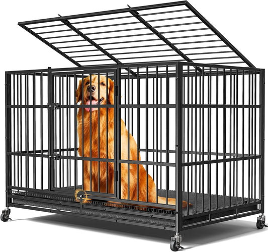 48" Heavy Duty Dog Crates for Large Dogs, Upgraded 4 Lockable Wheels, Removable Door, Dog Kennel Indoor, Max Load 300Lbs, Easy to Clean, Removable Tray, XL Dog Cage for Large and Medium Dogs