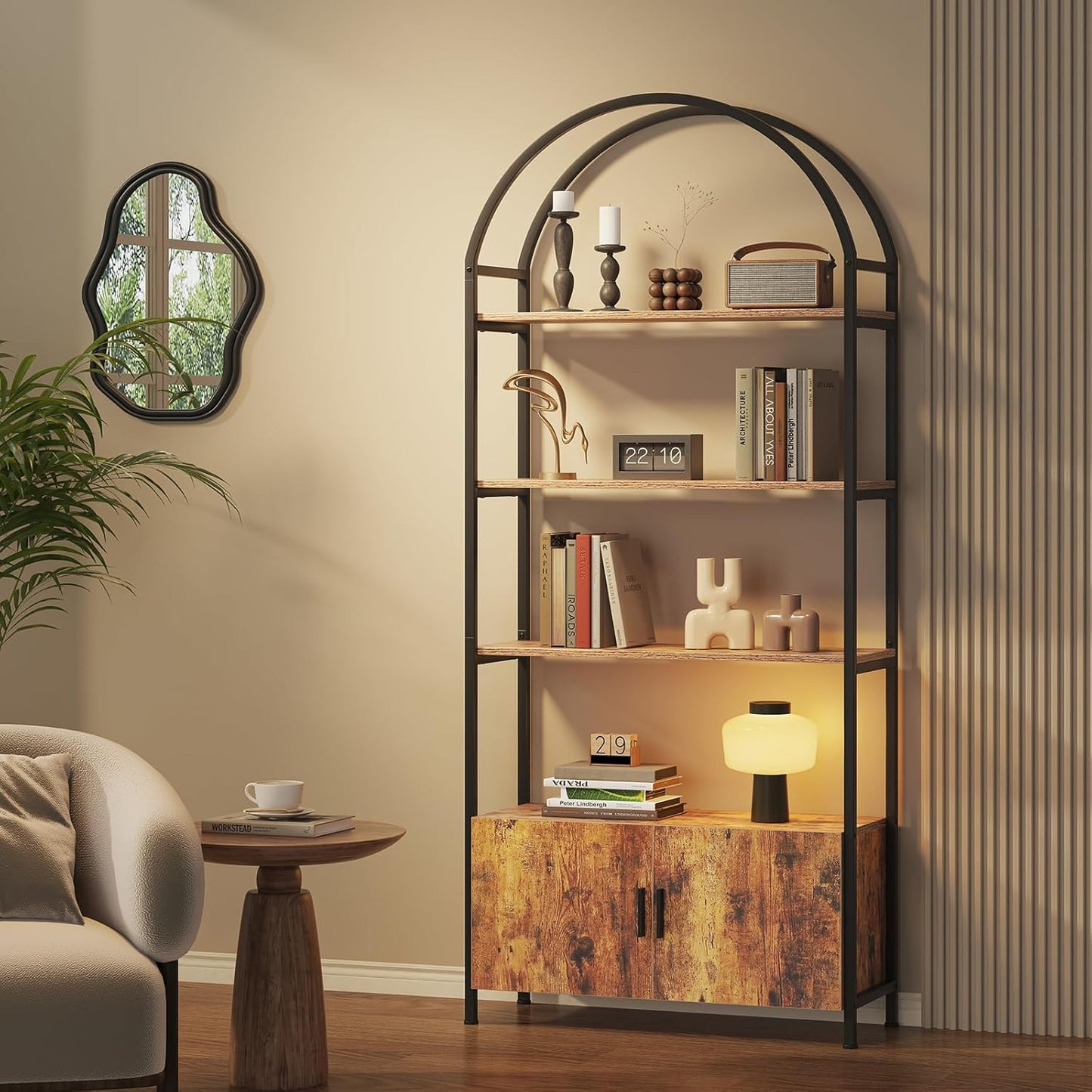 Arched Bookshelf with Doors, 71" Tall Industrial Bookcase with Sturdy Metal Frame, Vintage Display Shelving Unit, Rustic Geometric Book Shelf for Lving Room, Bedroom, Home Office