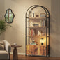 Arched Bookshelf with Doors, 71" Tall Industrial Bookcase with Sturdy Metal Frame, Vintage Display Shelving Unit, Rustic Geometric Book Shelf for Lving Room, Bedroom, Home Office