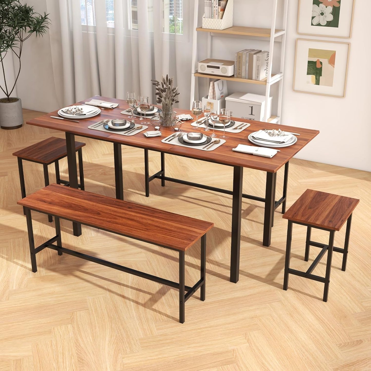 Dining Table Set for 4-6, 5-Piece Kitchen Table Chairs Set, 63” Extendable Table with 2 Benches, 2 Stools, Dinette Table Set, Breakfast Nook Table Set, Dining Room Table Set