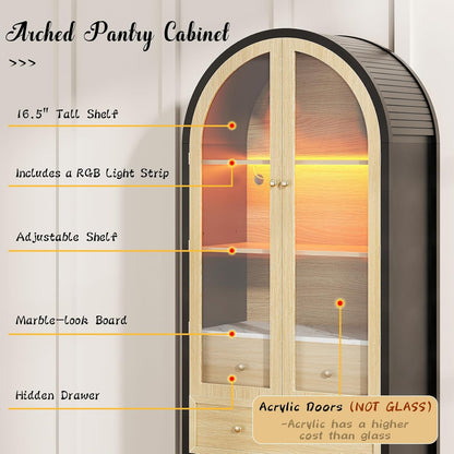 73 Inch Tall Arched Cabinet with Doors, Arched Storage Cabinet, Black-Oak Kitchen Pantry, LED Lighted Display Case, Boho Arch Bookshelf for Kitchen Dining Room Living Room, Black