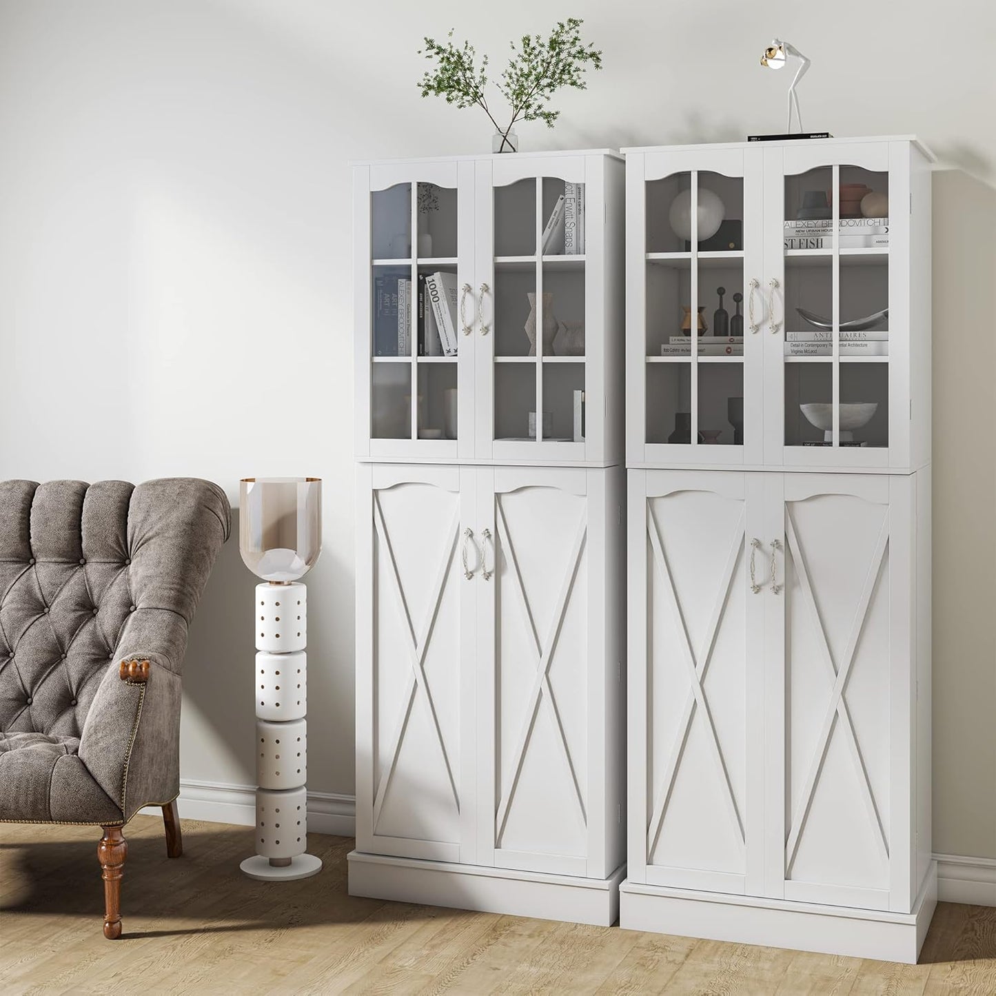 64” Kitchen Pantry Cabinets, White Freestanding Kitchen Pantry Storage Cabinet with Adjustable Shelves & Doors, Buffet Cupboards Sideboard Tall Storage Cabinet for Home Office Use