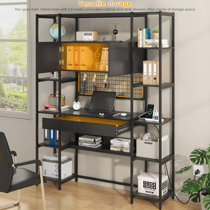 5 Tiers Black Bookshelf with Home Office Desk and RGB Lights and Power Outlet, 71.1" Tall Book Shelf with Drawer & Storage Cabinet & 12 Storage Shelves, Large Bookcase with 2 Doors, Black
