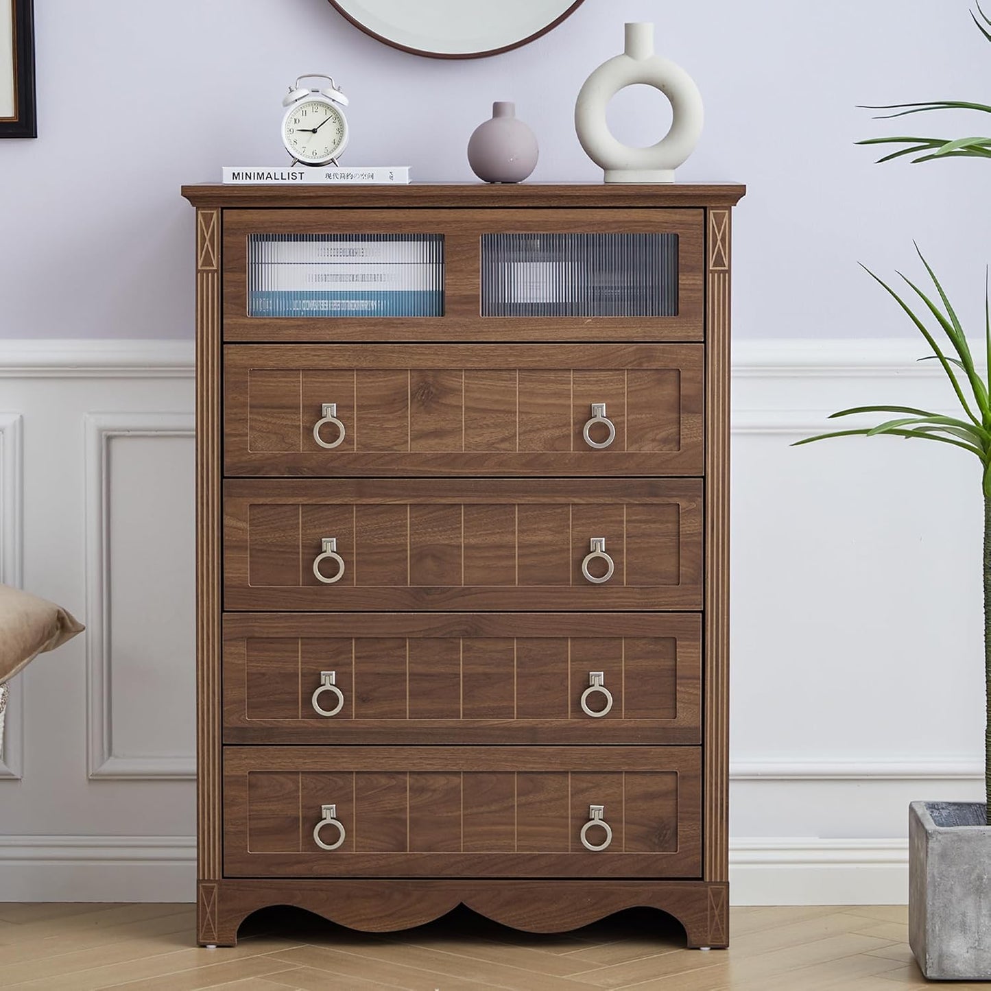 Vintage Style Wooden Chest of Drawers Storage Cabinet with Metal Ring Handles