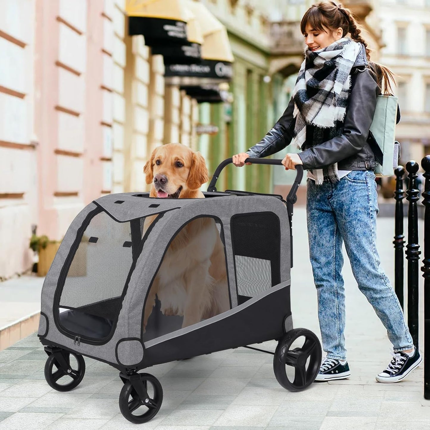 Dog Stroller For Large Dogs, Extra Large Pet Stroller For For Medium Dogs, Dog Stroller For 2 Dogs, Dog Wagon, Dog Carriage, Foldable Design, Adjustable Handle, With Pocket, Up To 160 lbs, Red