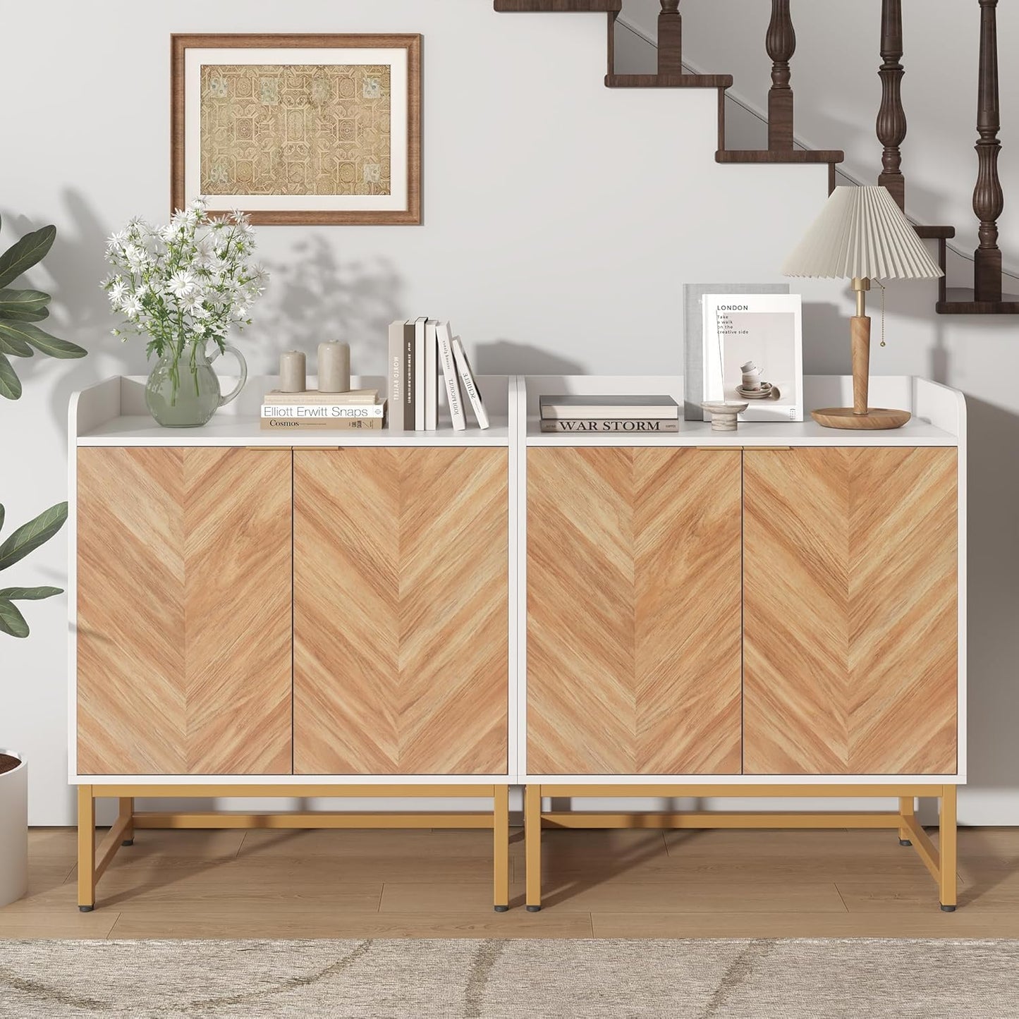 29 Gallon Fish Tank Stand, Small Aquarium Stand 20 Gallon with Doors & Adjustable Shelves, Boho Sideboard Coffee Bar Cart, Kitchen Cupboard Console Table, 30.5" L×15.7" W×35" H, White/Gold