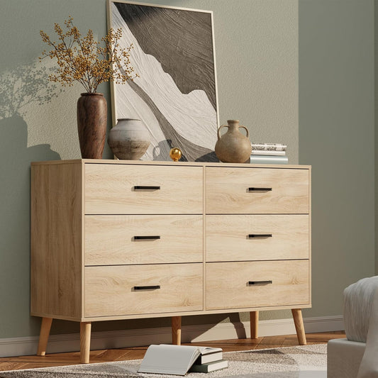 Wood Dresser for Bedroom, 6 Drawer Dresser with Metal Handles, Mid Century Modern Dresser Double Chest of Drawer (Light Oak)