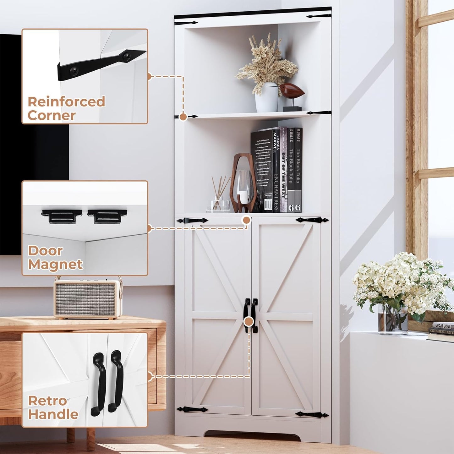 Corner Storage Cabinet 67 Tall, Freestanding Linen Cabinet with 1 Drawer and 4 Doors, Adjustable Shelves for Kitchen, Living Room - Farmhouse Style