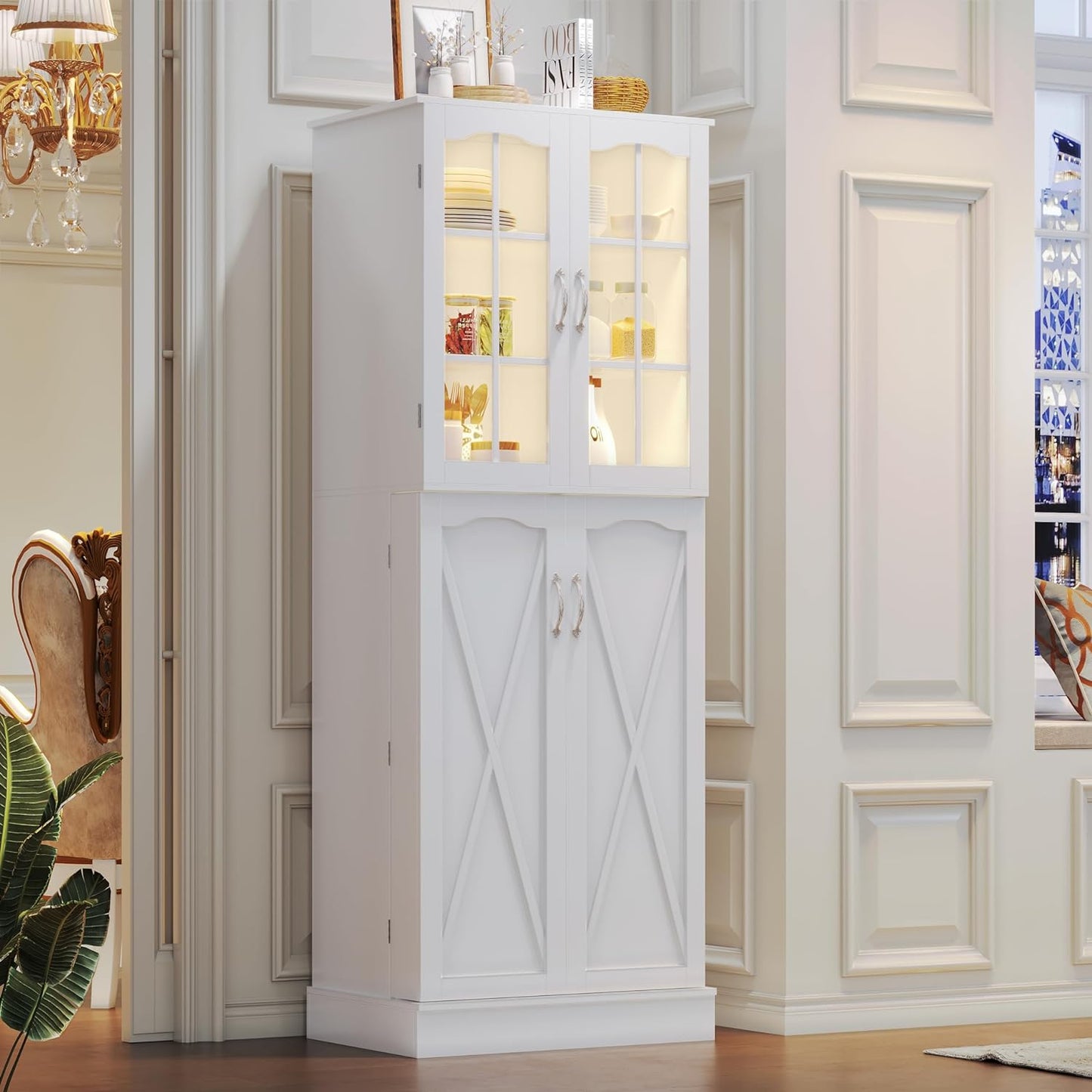 64” Kitchen Pantry Cabinets, White Freestanding Kitchen Pantry Storage Cabinet with Adjustable Shelves & Doors, Buffet Cupboards Sideboard Tall Storage Cabinet for Home Office Use