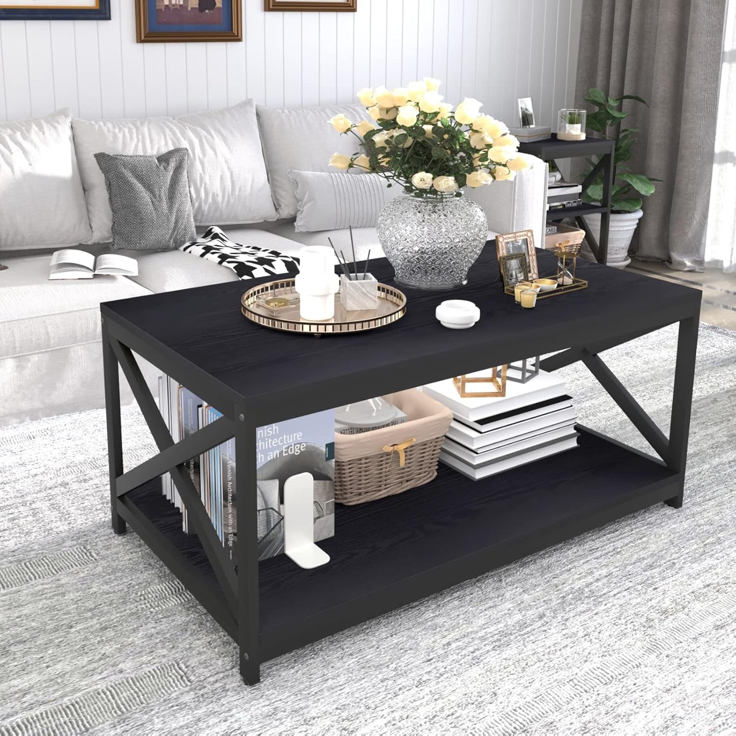 Living Room Coffee Table Set of 3, Industrial X-Design Coffee Table and 2 End Side Tables, 3 Piece Living Room Table Set with Large Storage for Apartment Home (Black)